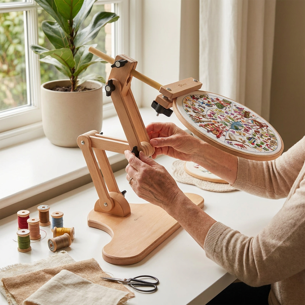 Person using an embroidery hoop with a wooden frame on a table near a window.