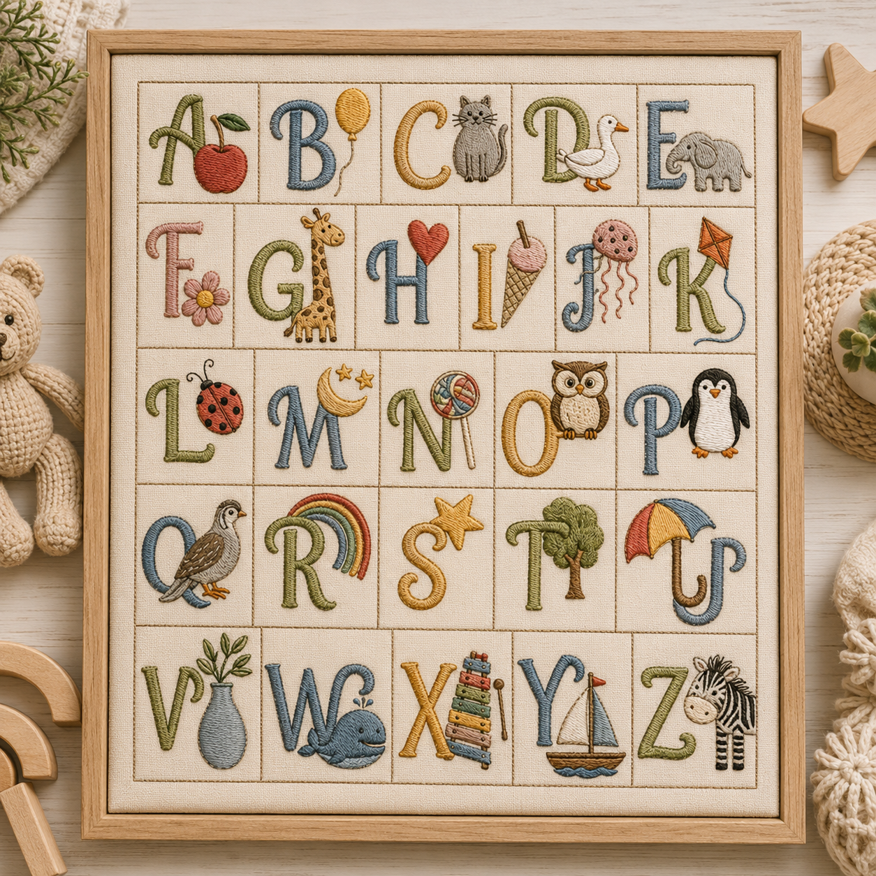 Embroidered alphabet chart with colorful letters and illustrations on a wooden frame.