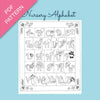 Nursery alphabet coloring sheet with decorative elements on a blue background