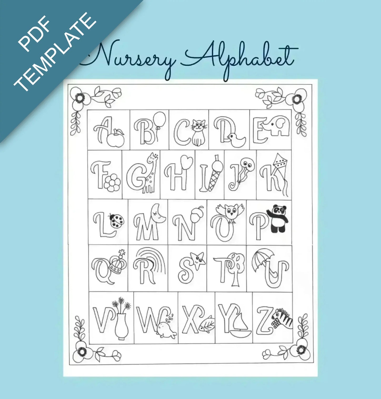 Nursery alphabet template with decorative letters on a blue background