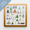 Fabric pattern with Christmas tree designs and 'Merry Christmas' text on a white background.