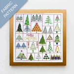 Fabric pattern with Christmas tree designs and 'Merry Christmas' text on a white background.
