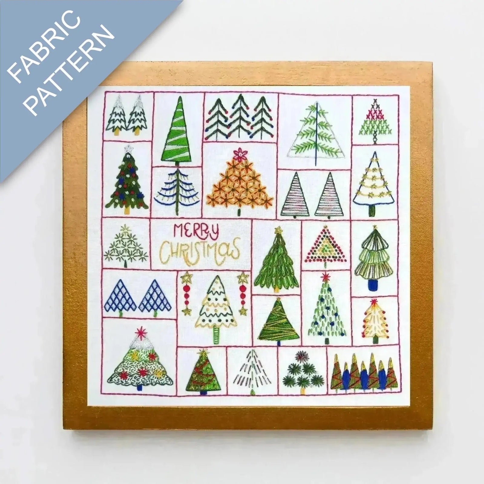 Fabric pattern with Christmas tree designs and 'Merry Christmas' text on a white background.