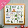 Framed PDF pattern with Christmas tree designs and 'Merri Christmas' text on a white background.