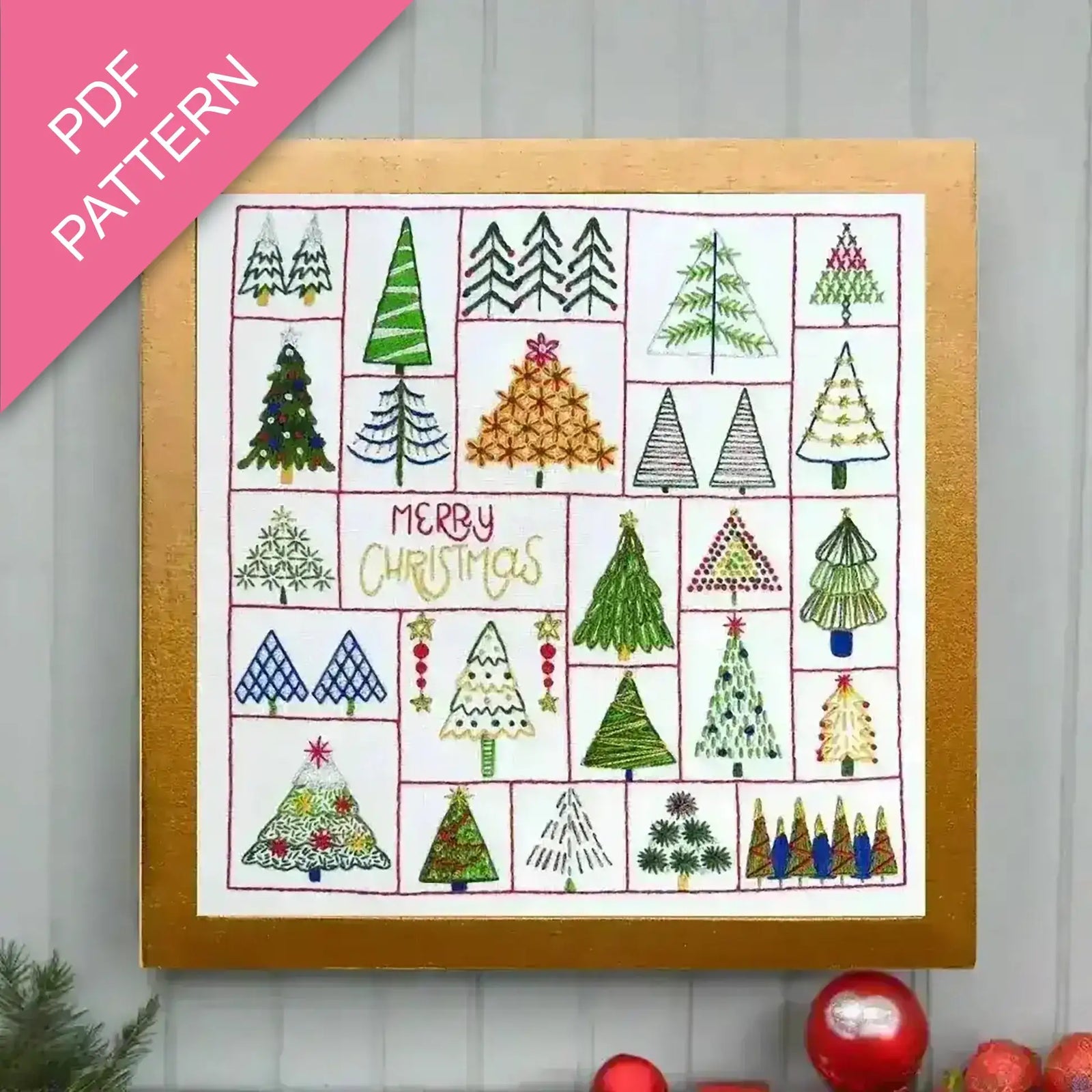 Framed PDF pattern with Christmas tree designs and 'Merri Christmas' text on a white background.