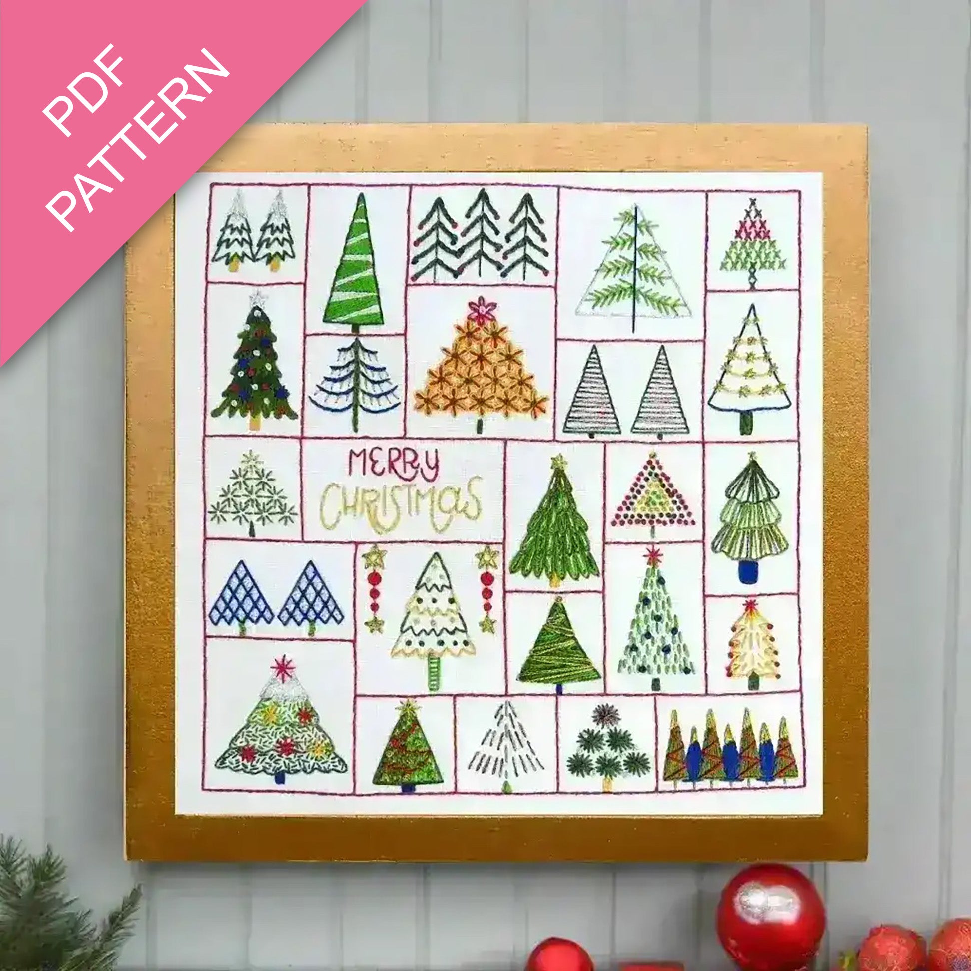 Framed PDF pattern with Christmas tree designs and 'Merri Christmas' text on a white background.