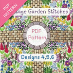 Cover of 'Village Garden Stitches' PDF pattern with floral design and stone path.