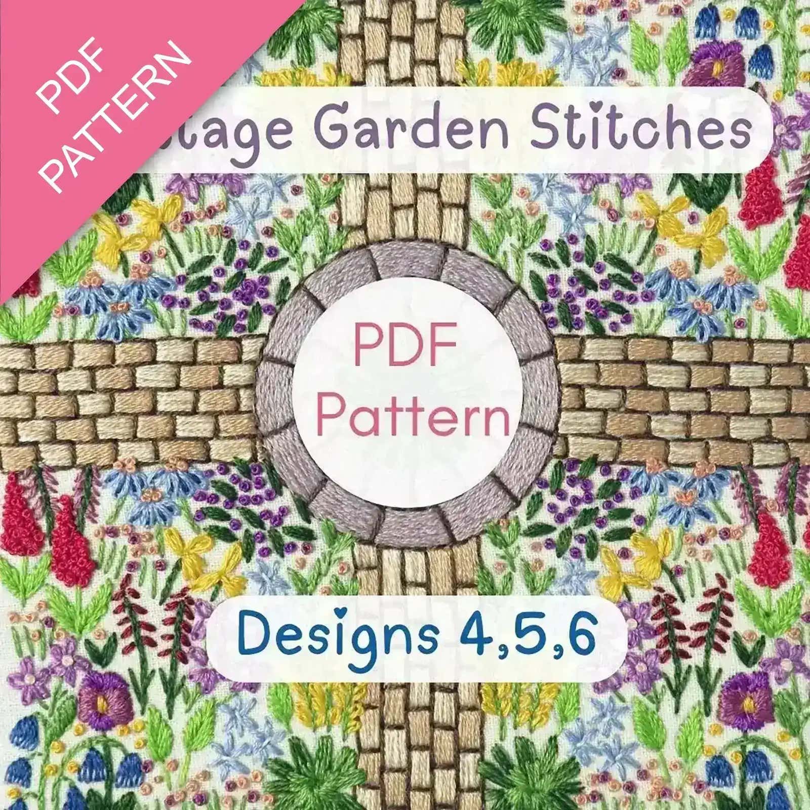 Cover of 'Village Garden Stitches' PDF pattern with floral design and stone path.