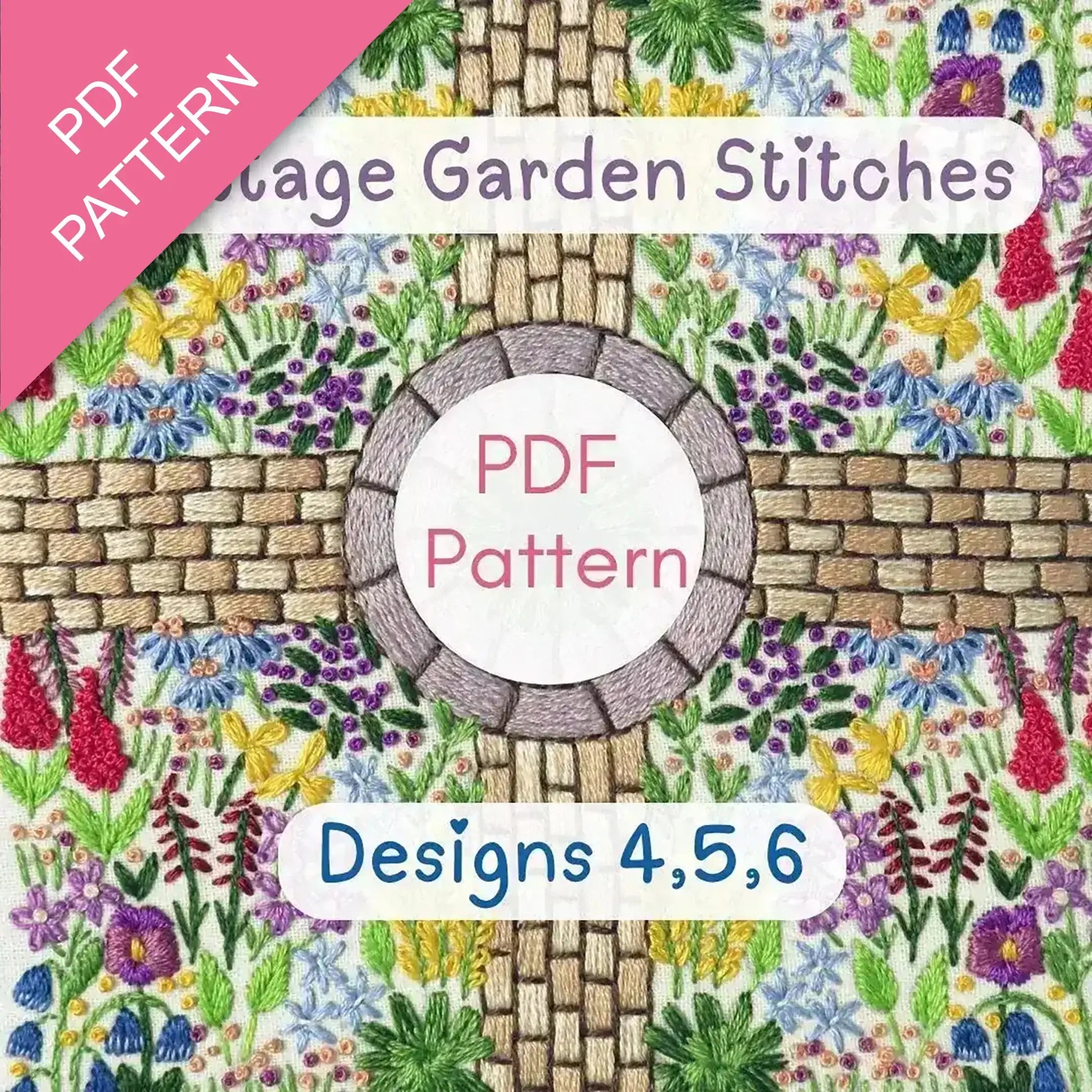 Cover of 'Village Garden Stitches' PDF pattern with floral design and stone path.