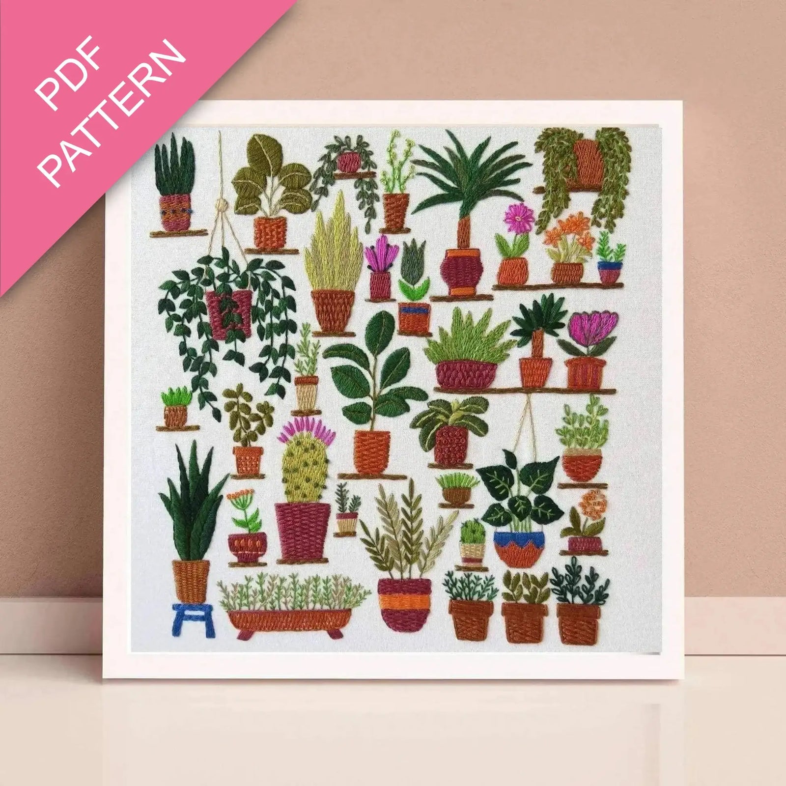 Embroidery pattern with various potted plants on a white background