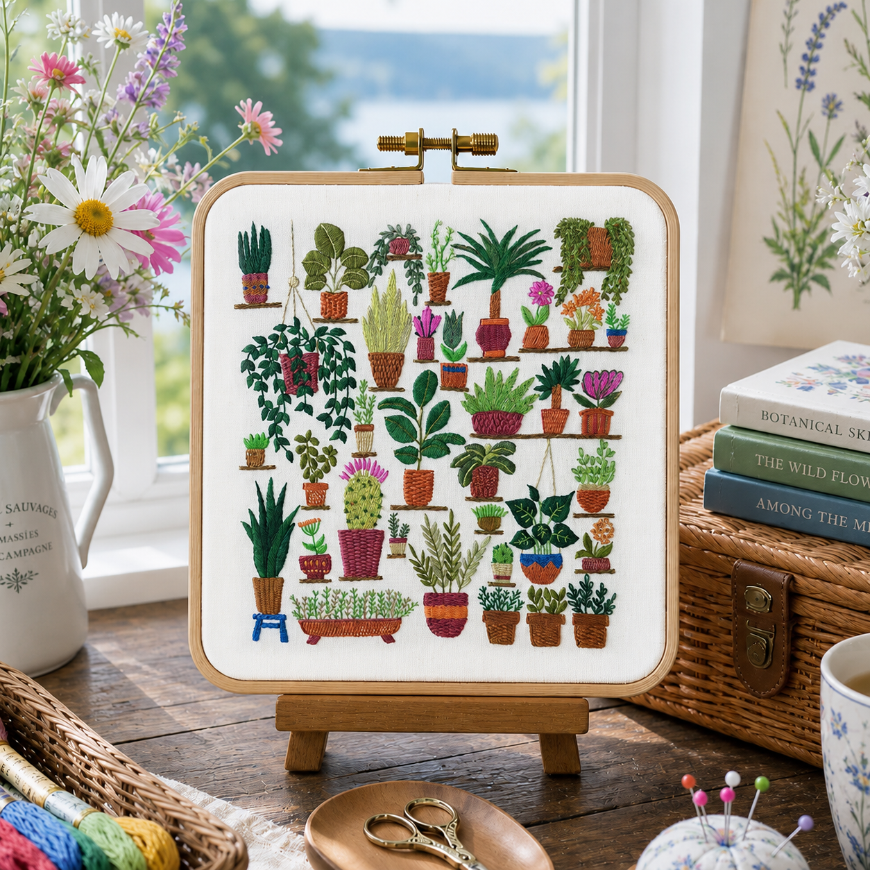 plantopia plants garden plants in pots hanging basket hand embroidery pattern and kit
