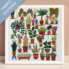 Fabric pattern with various potted plants on shelves