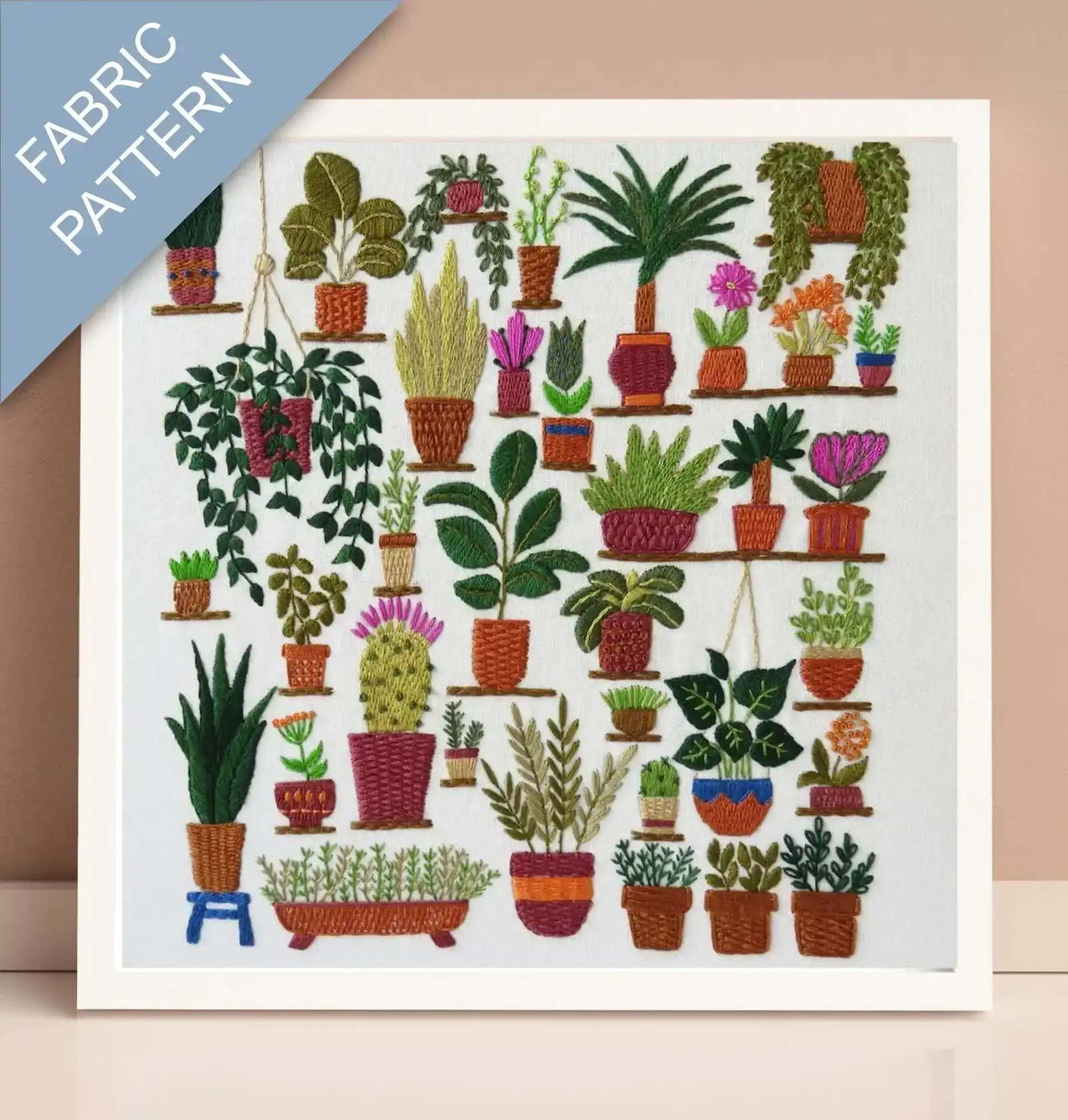 Fabric pattern with various potted plants on shelves