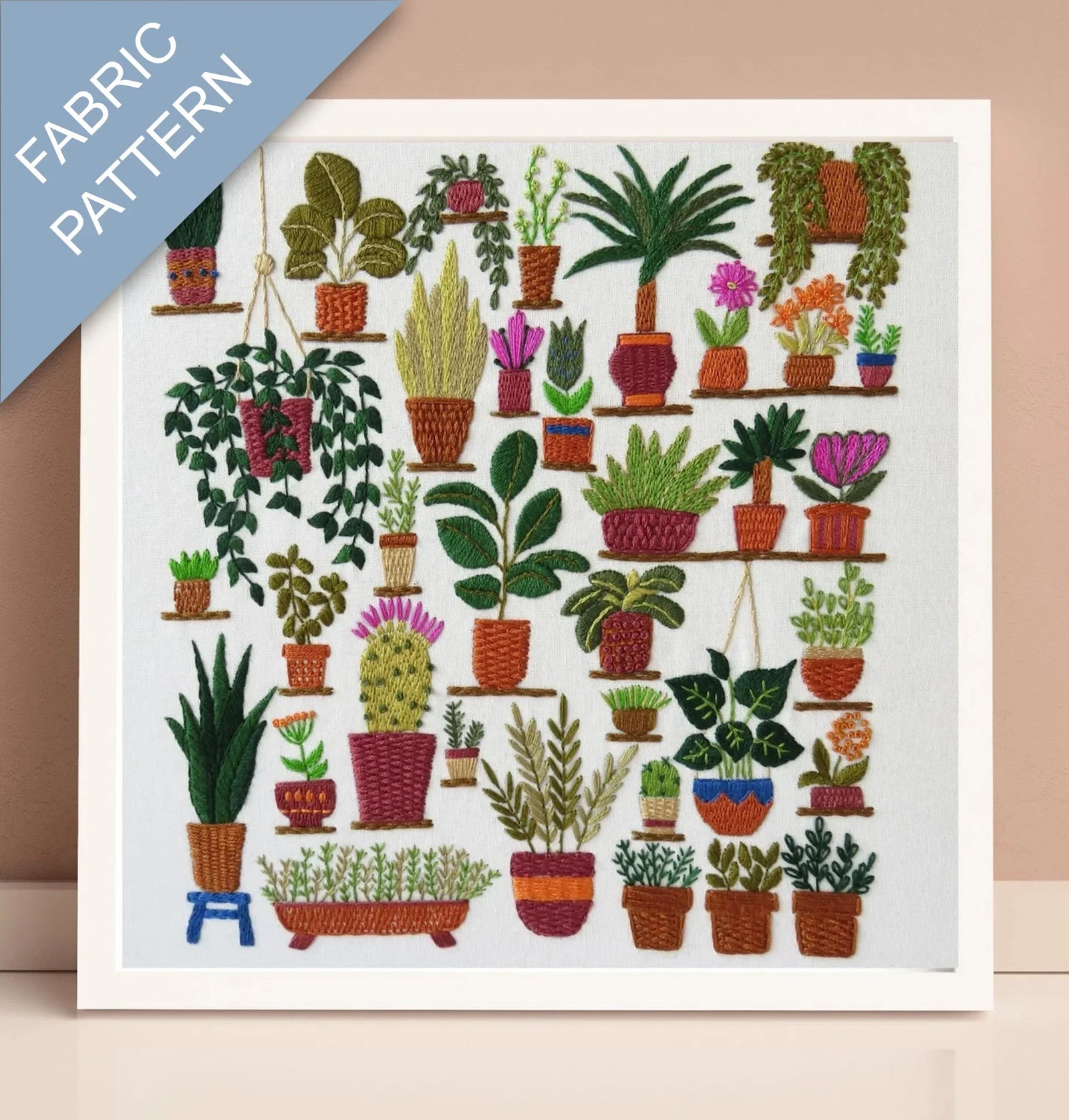 Fabric pattern with various potted plants on shelves