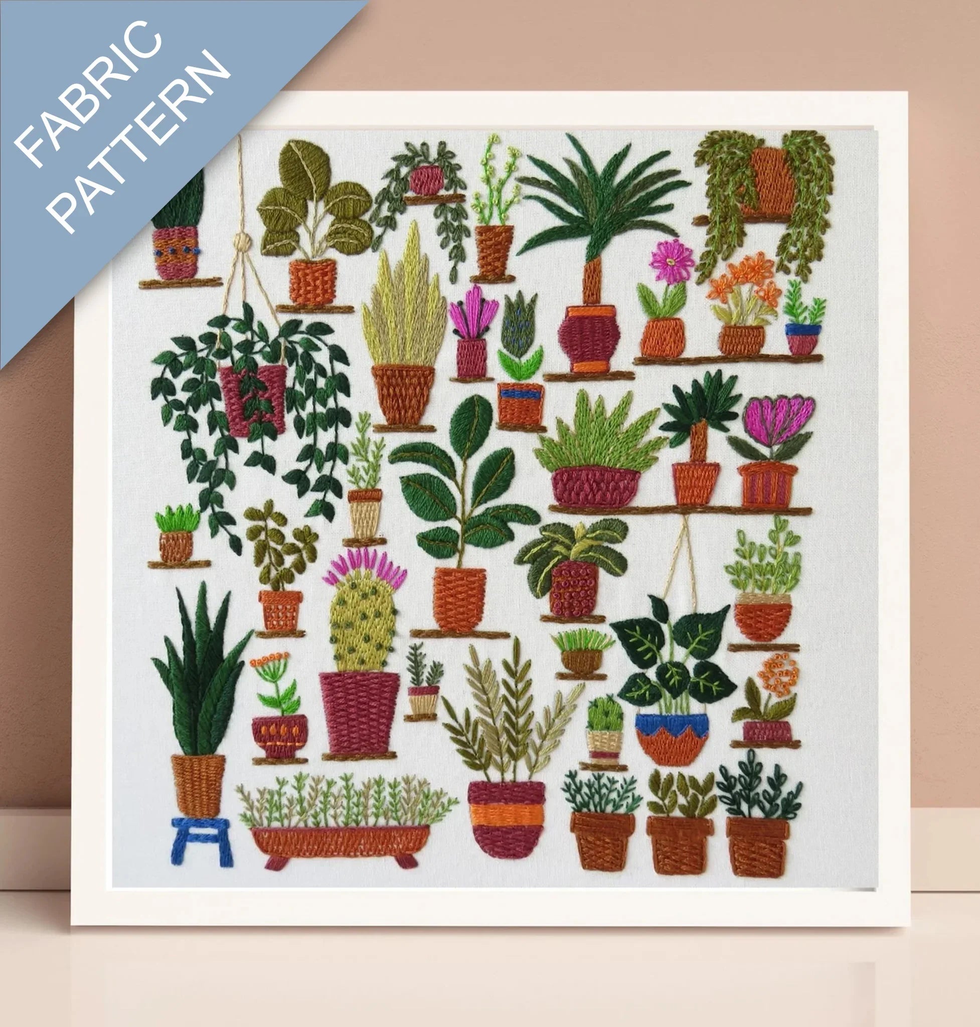 Fabric pattern with various potted plants on shelves