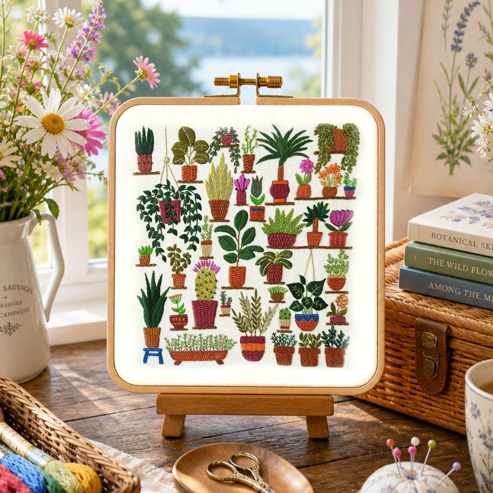 Decorative scene with a plant-themed cross-stitch frame, flowers, and craft supplies on a wooden table.
