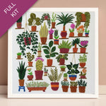 Embroidery kit with a design of various potted plants on a white background.