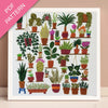 Embroidery pattern with various potted plants on a white background