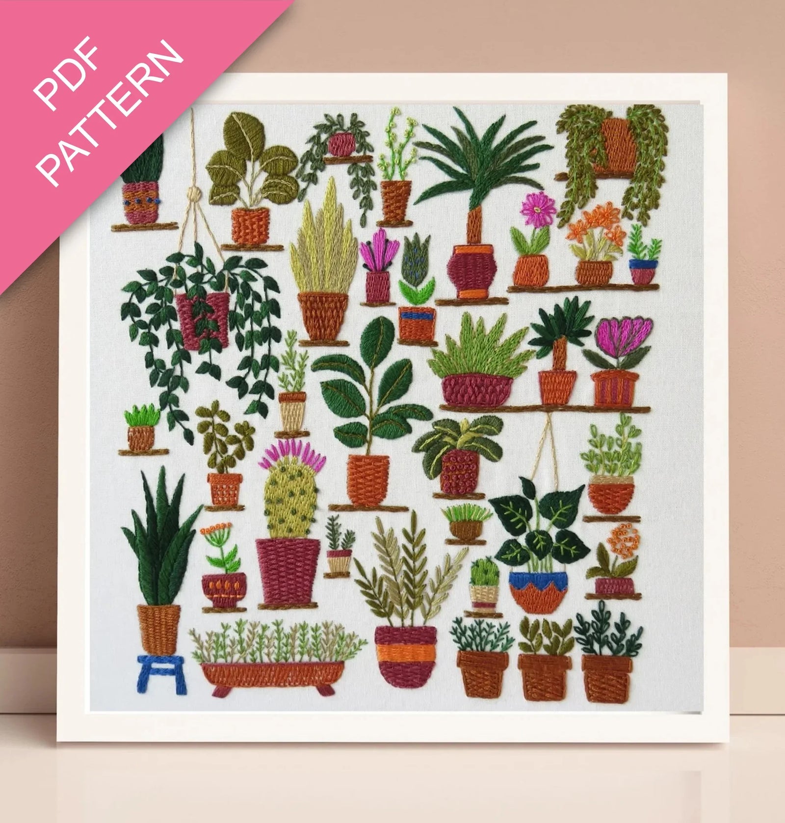 Embroidery pattern with various potted plants on a white background