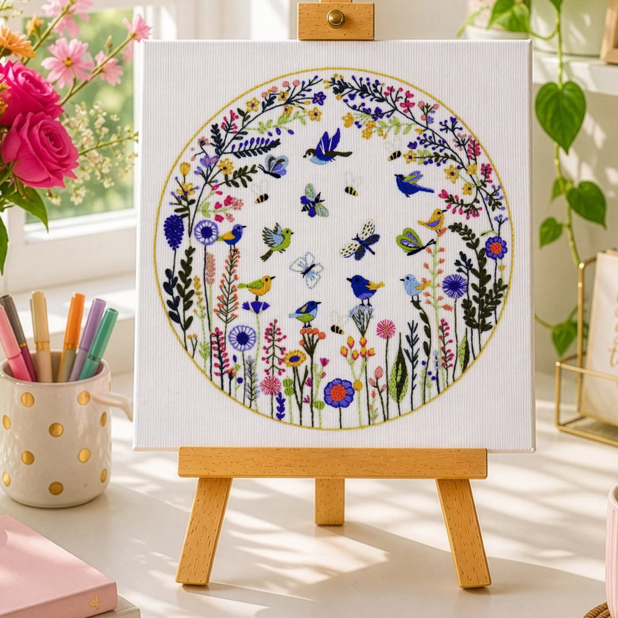 Artistic setup with a painting of flowers and butterflies on an easel, surrounded by books, a cup, and a candle.