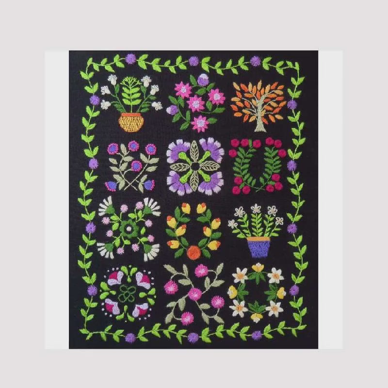 Colorful floral and plant patterns on a black background
