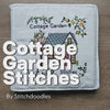 Embroidery pattern featuring a cottage garden with flowers, fruits and vegetables