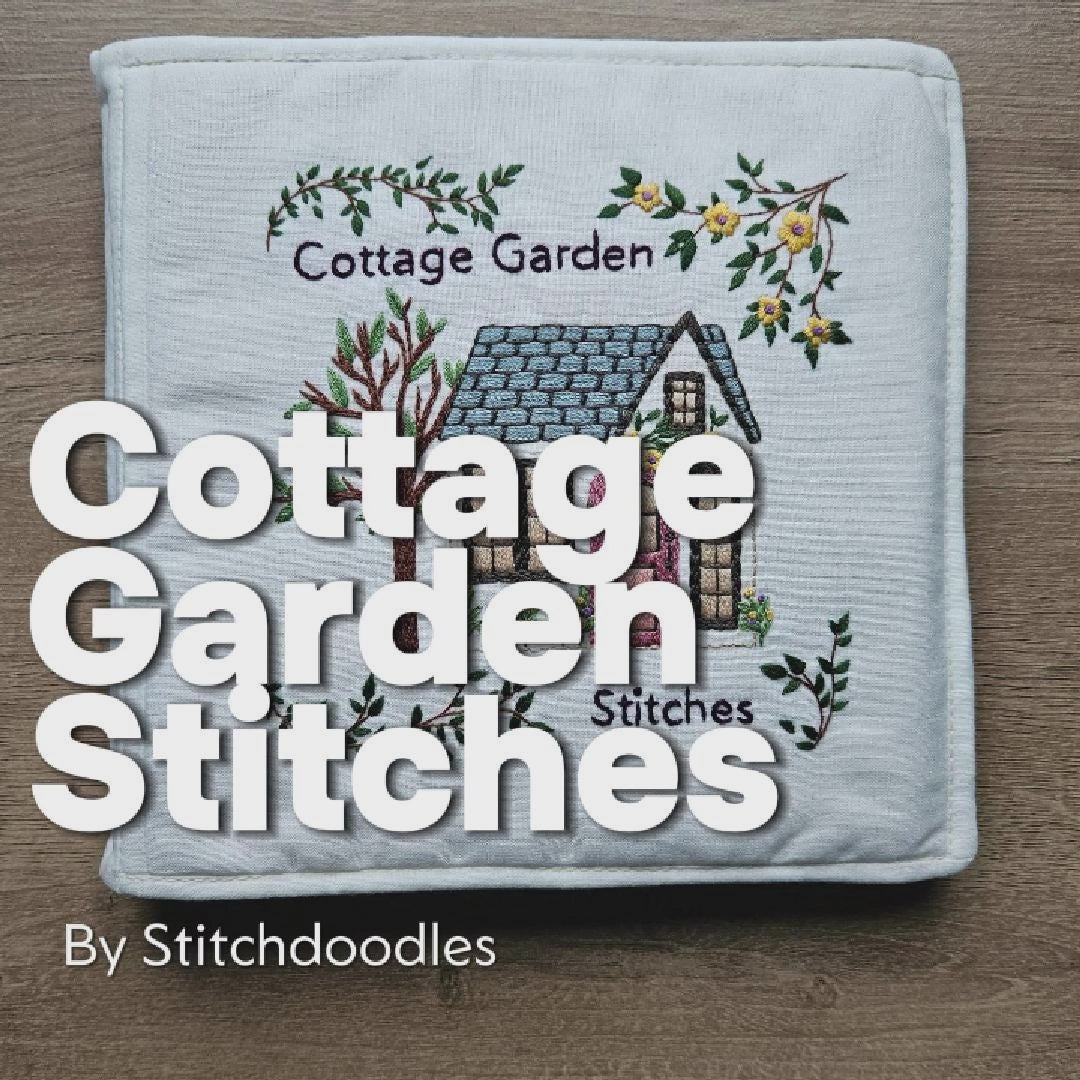 Embroidery pattern featuring a cottage garden with flowers, fruits and vegetables