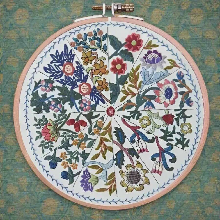 Embroidery hoop with floral pattern on a white wooden surface