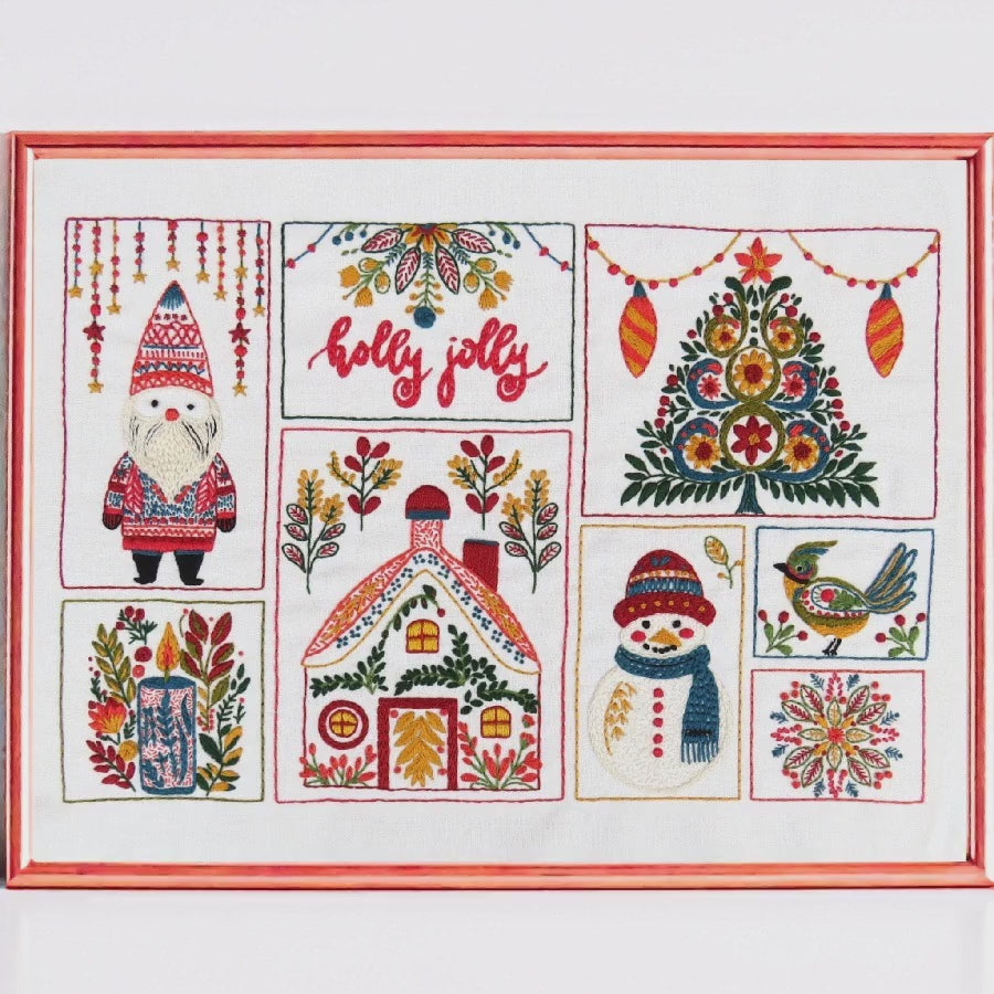 Decorative Christmas-themed collage with various elements on a red background