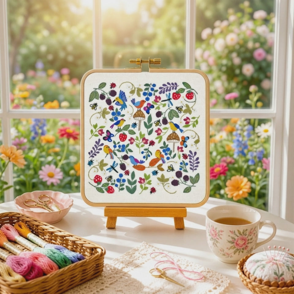 Birds bugs and Berries hand embroidery kit, pre printed fabric, beginner floral spring embroidery DMC