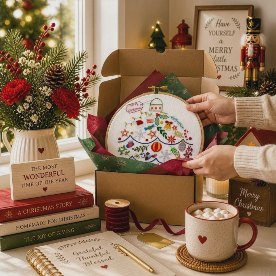 christmas bauble hand embroidery gift pattern, kit crafting.mp4