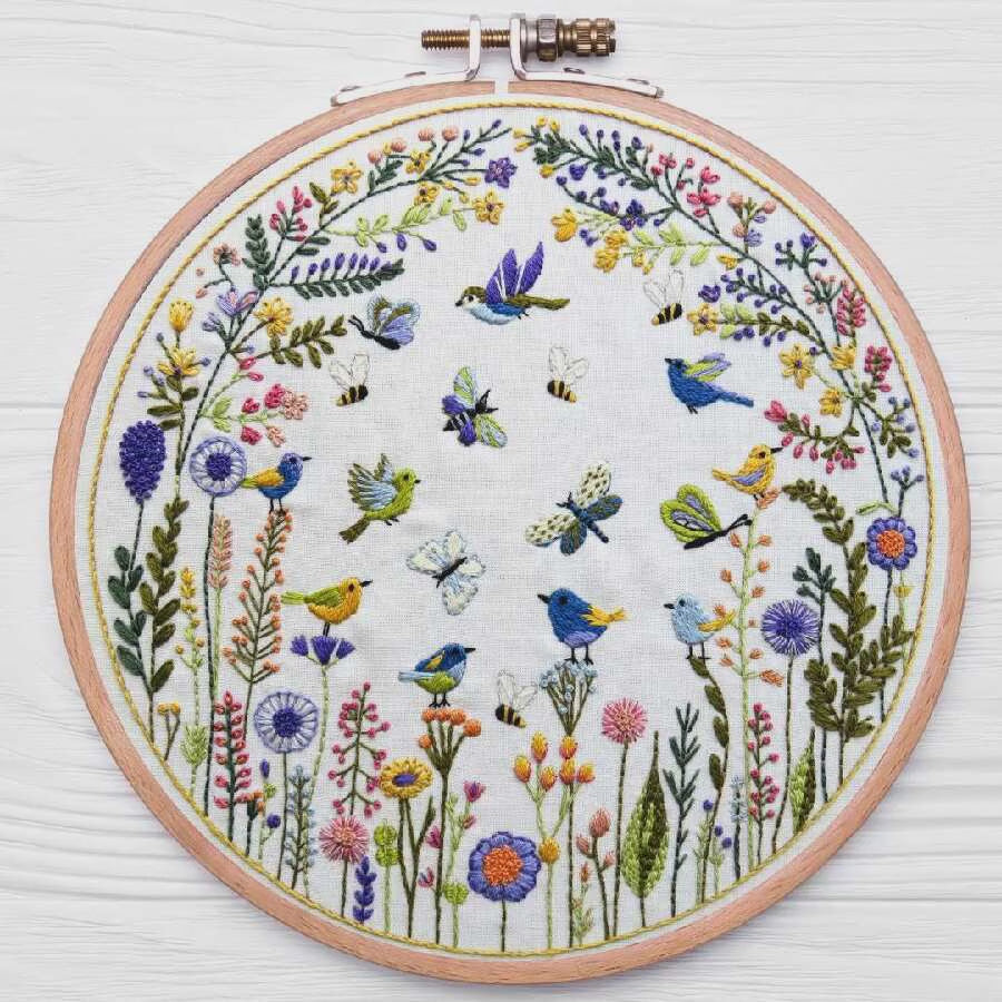 Embroidery hoop with colorful floral and bird design on white fabric