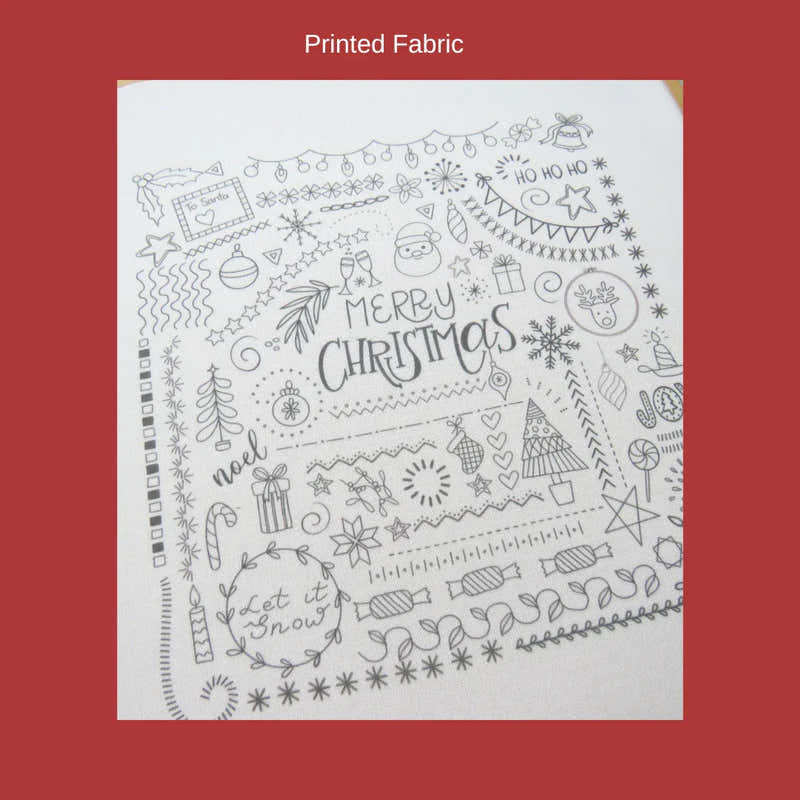 Sheet of printed Christmas-themed fabric design on a red background
