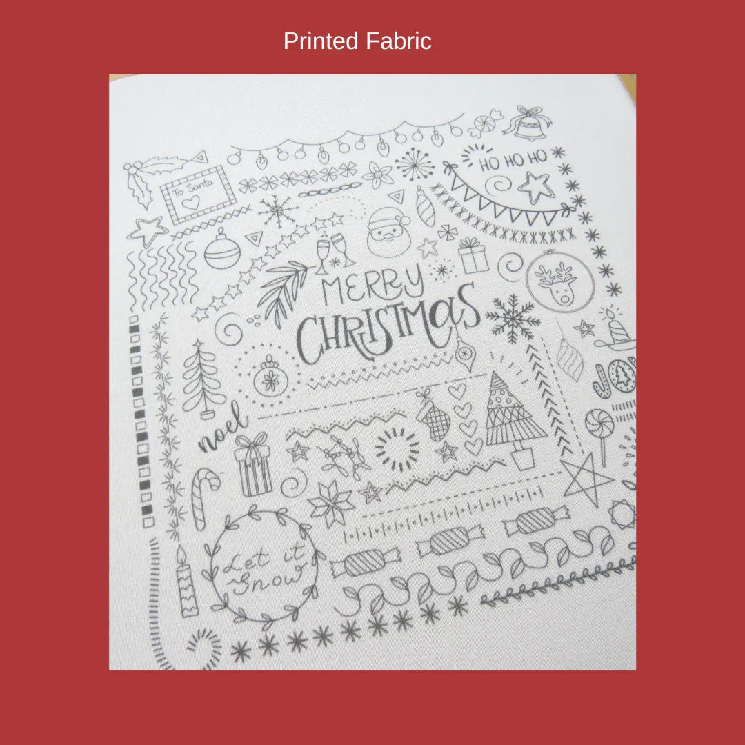 Sheet of printed Christmas-themed fabric design on a red background