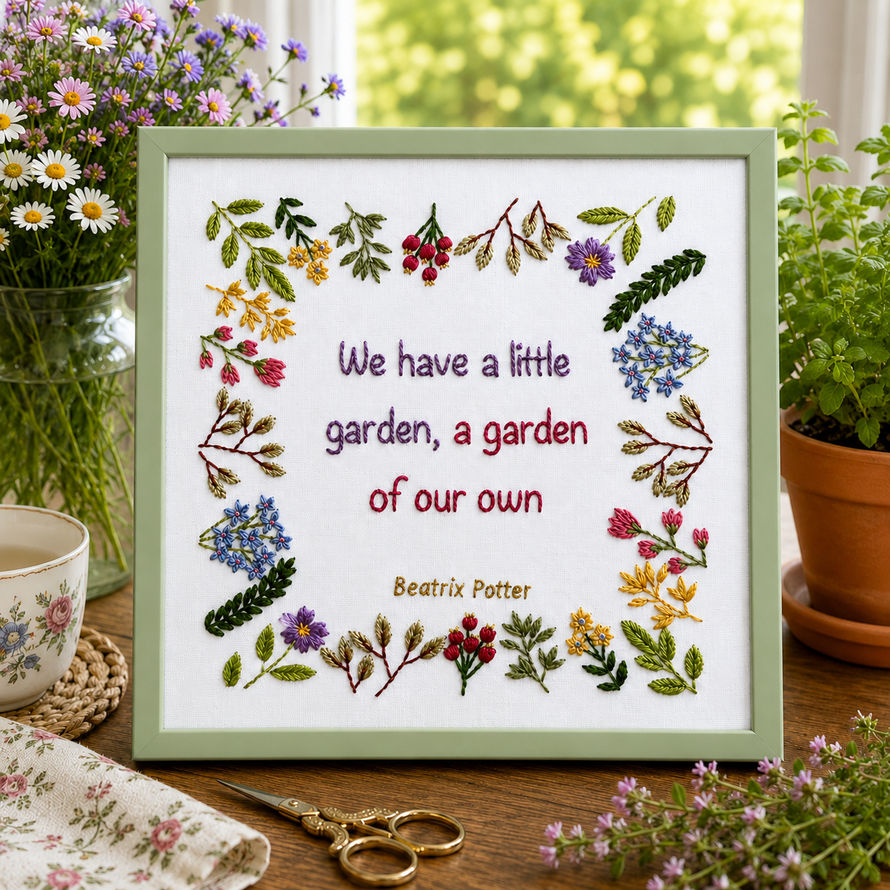 Embroidery with floral designs and text on a wooden table with plants and a cup.