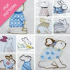 Collage of embroidered rabbits in various outfits with a pink PDF pattern label.