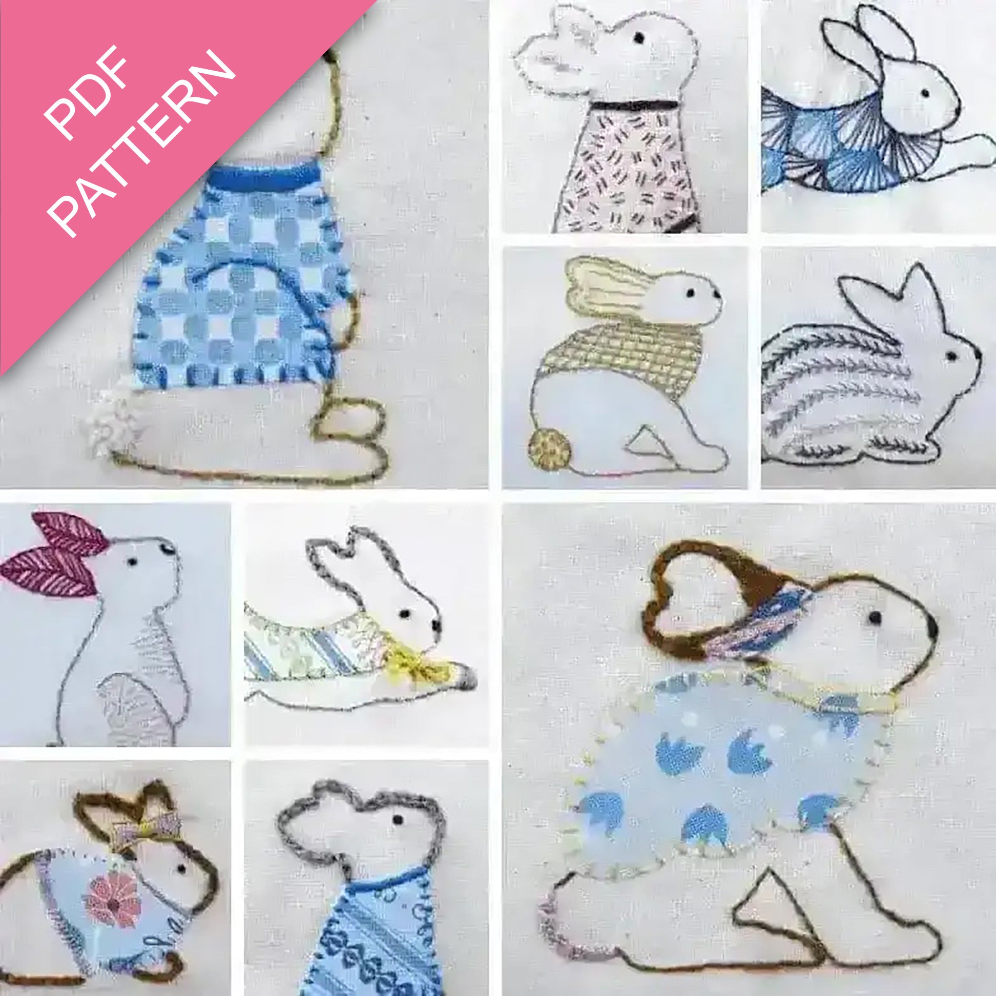 Collage of embroidered rabbits in various outfits with a pink PDF pattern label.
