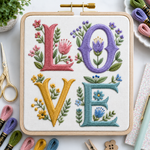 Embroidery hoop with 'LOVE' letters surrounded by flowers on a white surface with embroidery supplies.