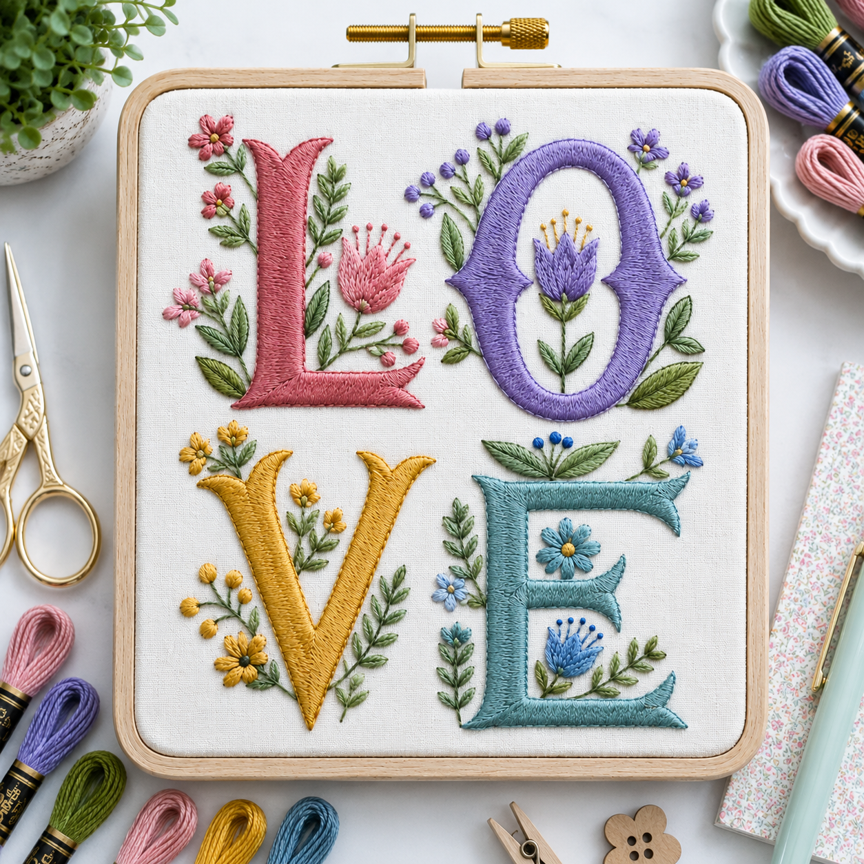 Embroidery hoop with 'LOVE' letters surrounded by flowers on a white surface with embroidery supplies.
