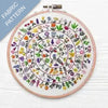 Embroidery hoop with floral pattern on fabric, labeled 'Fabric Pattern'.