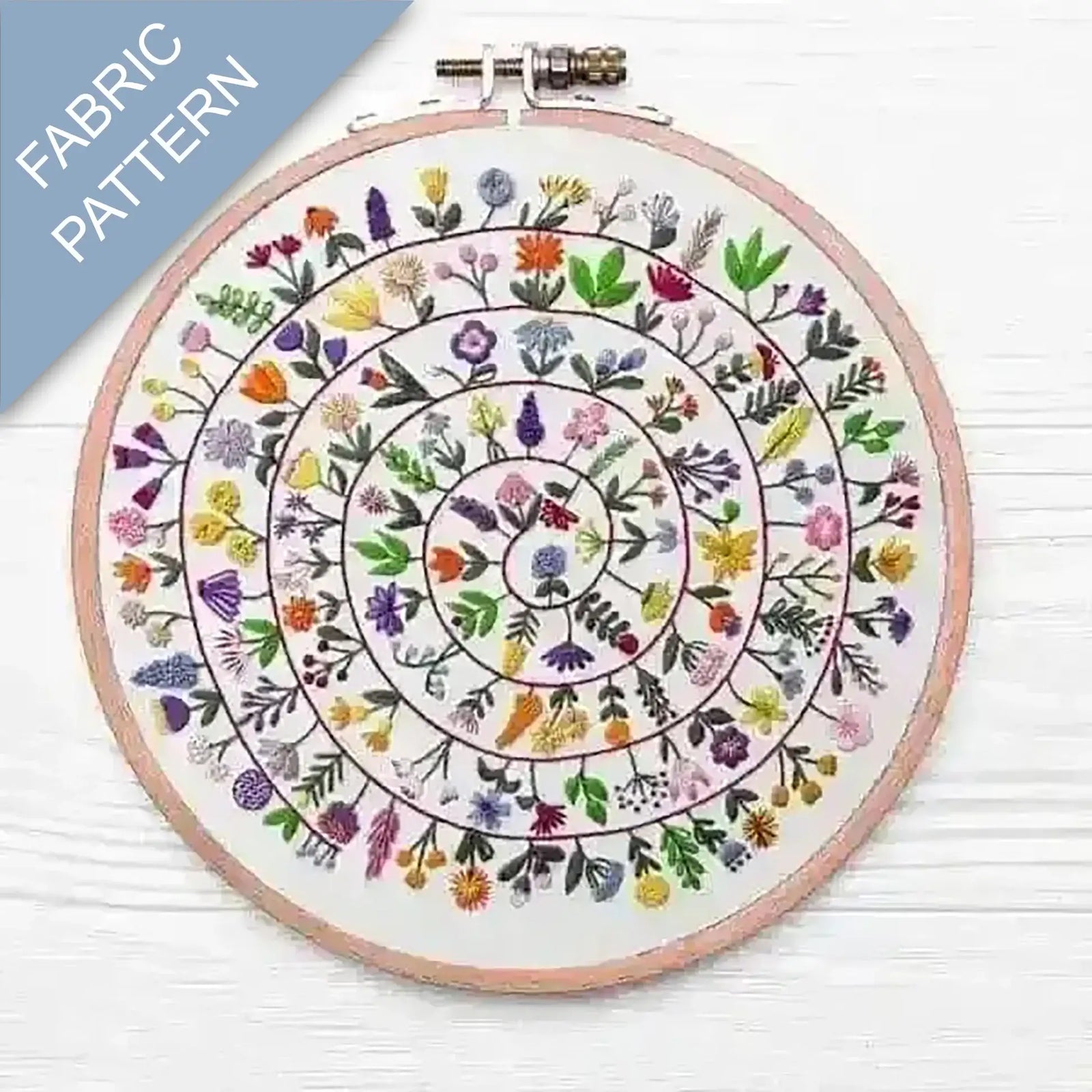 Embroidery hoop with floral pattern on fabric, labeled 'Fabric Pattern'.