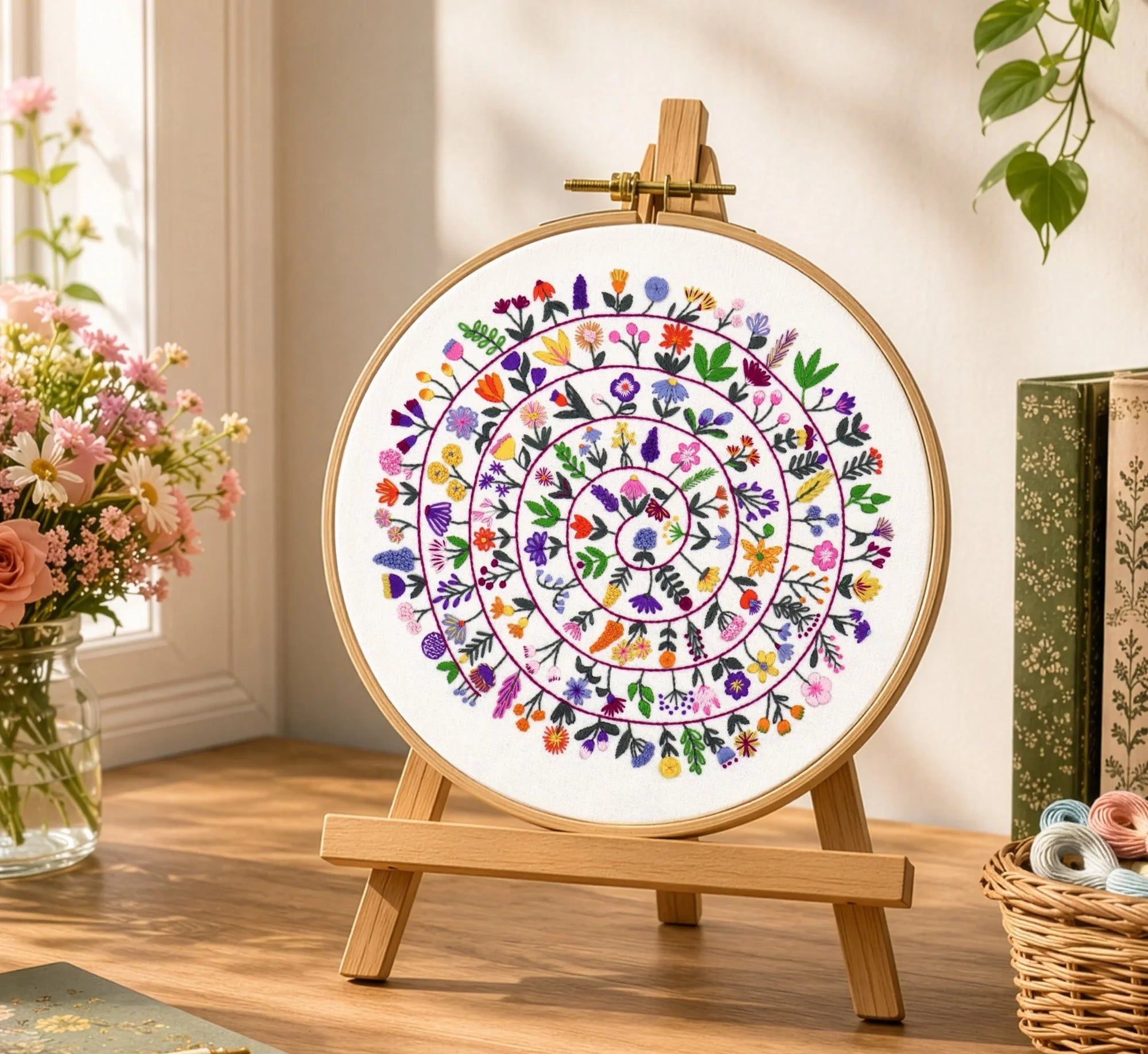 Decorative circular artwork with floral patterns on a wooden stand in a home setting.