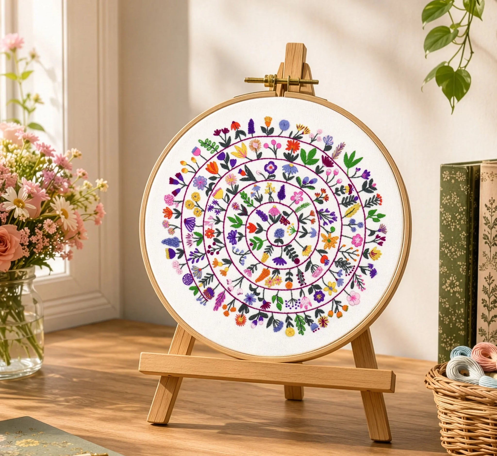 Decorative circular artwork with floral patterns on a wooden stand in a home setting.