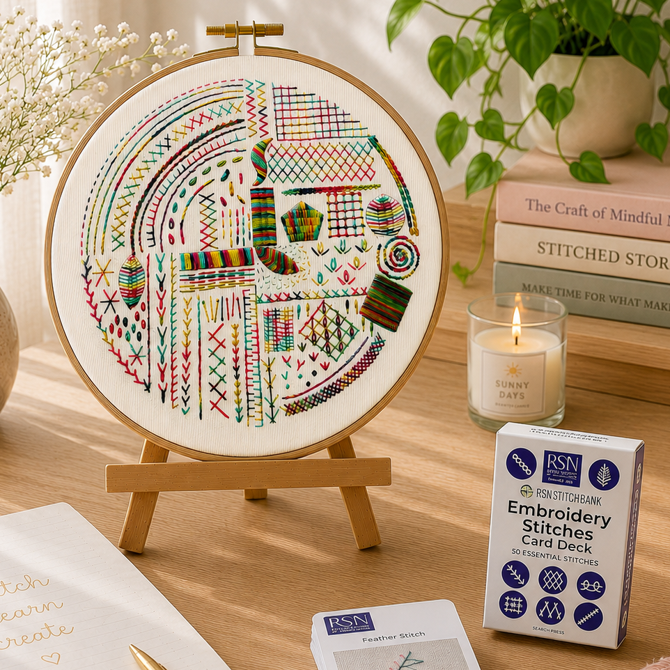 Embroidery hoop with colorful pattern on a wooden table with books and stationery.