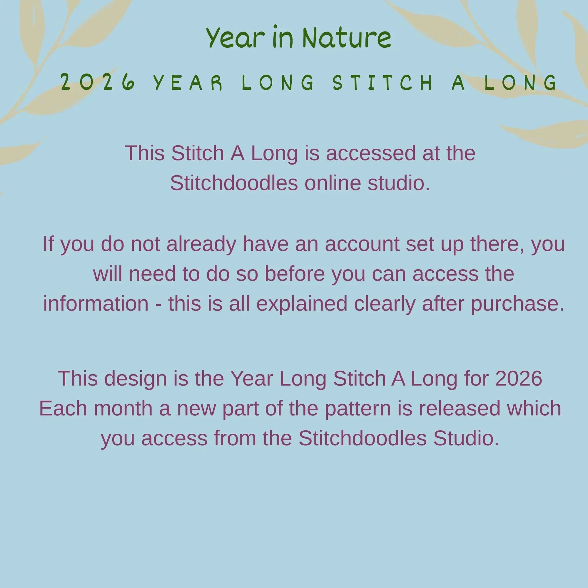 Promotional text for 'Year in Nature 2026 Year Long Stitch A Long' on a light blue background with decorative elements.