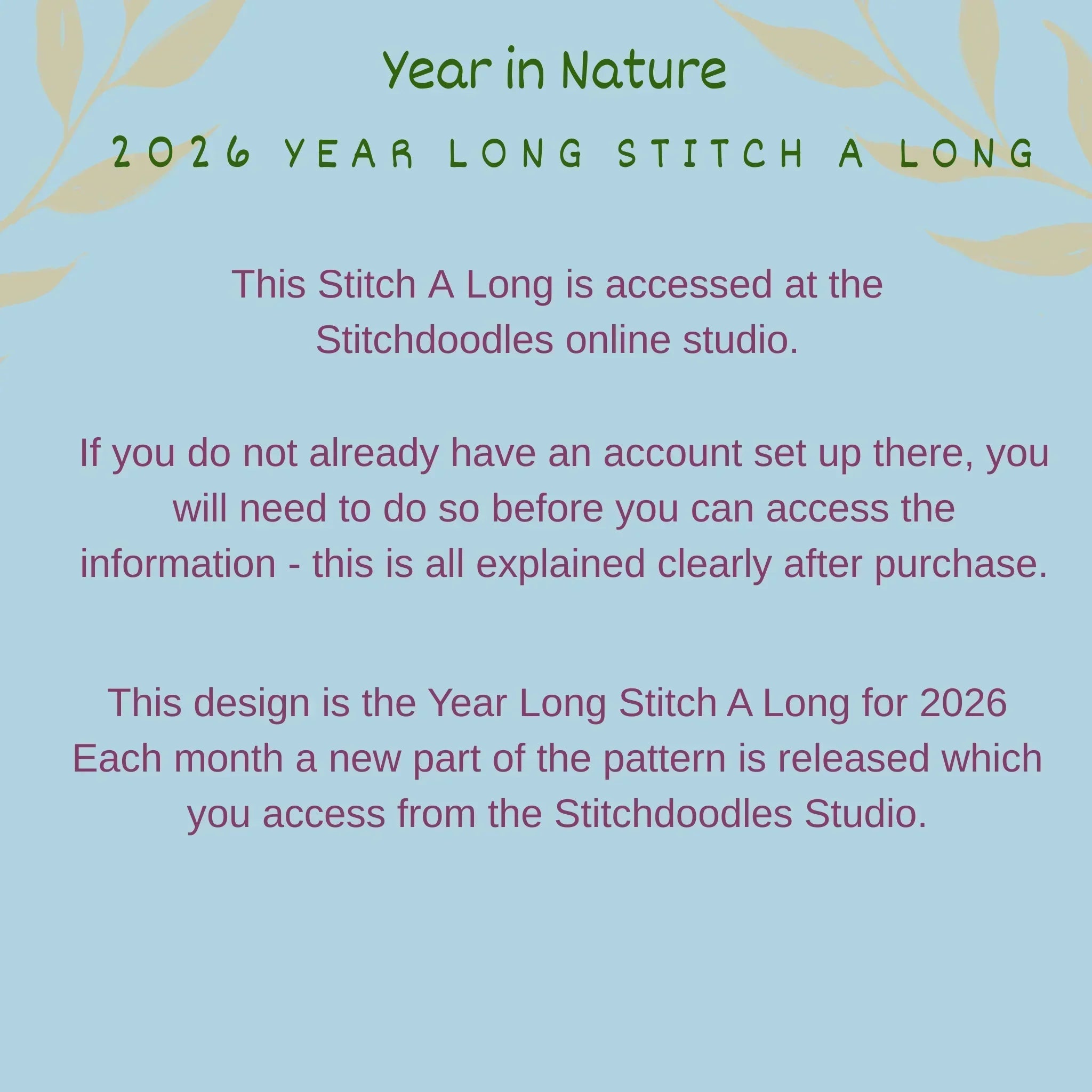 Promotional text for 'Year in Nature 2026 Year Long Stitch A Long' on a light blue background with decorative elements.