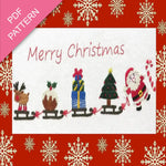 Christmas-themed design with Santa, reindeer, and tree on a red background with snowflakes.
