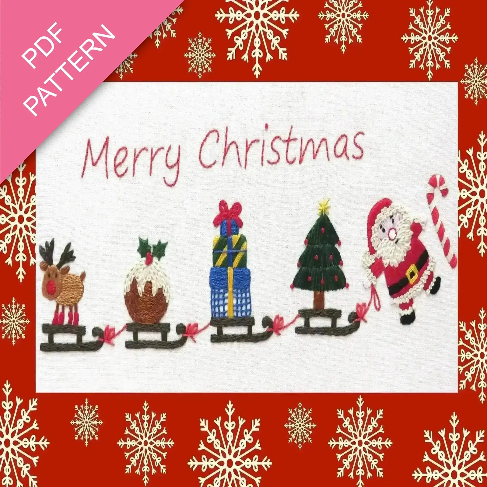 Christmas-themed design with Santa, reindeer, and tree on a red background with snowflakes.