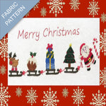Fabric pattern with Christmas-themed elements including Santa, reindeer, and tree on a red background with snowflakes.