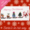 Christmas-themed design with Santa, reindeer, and tree on a red background with snowflakes.
